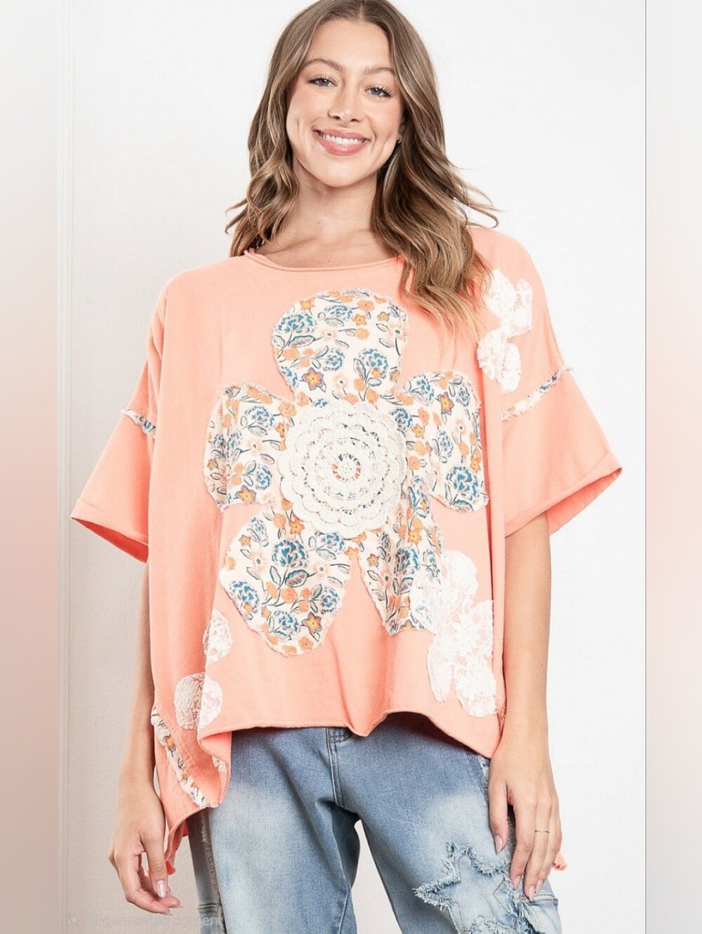 #1763 Blue Velvet Floral Patchwork Blossom Top – Coral